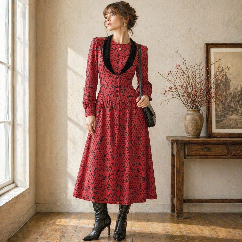 VTG 90s Miss Dorby 8P Red Floral Rayon Dress Velvet Collar Midi Cottagecore‎